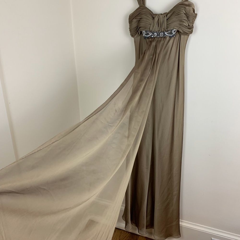 JS Collection Taupe Crystal Beaded Chiffon Gown 4